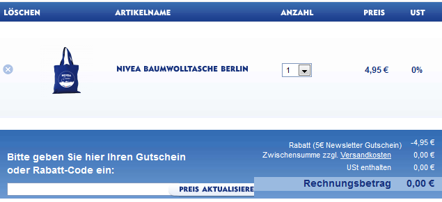 Komplett kostenlos bei Nivea durch Preisfehler
