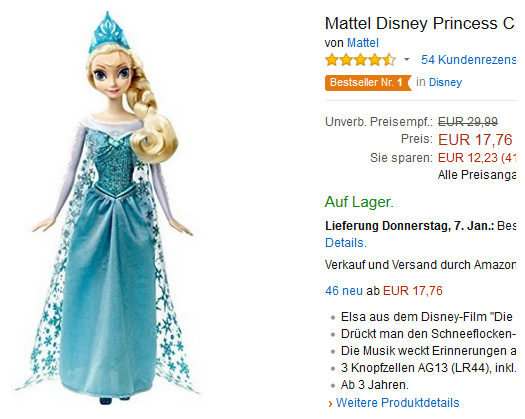 Singende Elsa Puppa von Mattel & Die Eiskönigin