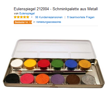 Eulenspiegel Schminkpalette, 12 Farben, 2 Pinsel