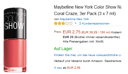 Maybelline Nagellack Preisfehler & Füllartikel bei Amazon