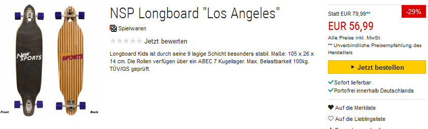 Los Angeles Longboard von NPS (New Sports) für 56,99 Euro