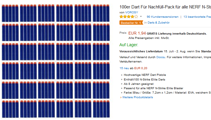 100 Darts nur 1,94 Euro: Ersatz & Nachfüllpack für NERF N-Strike Elite Blaster