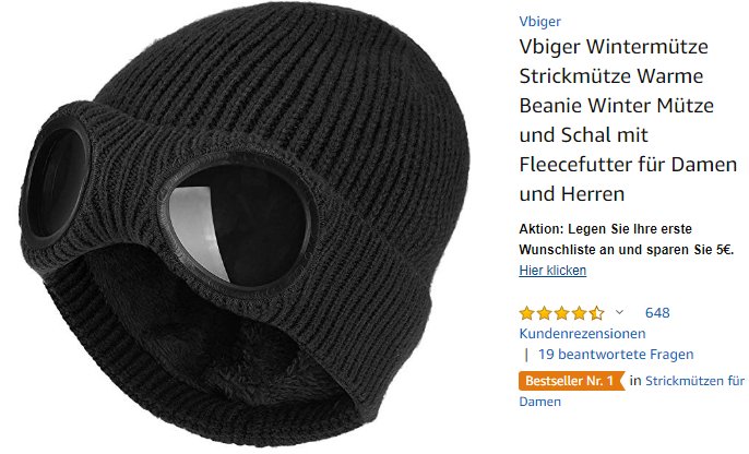 Vbiger Wintermütze Strickmütze mit eingebauter Schutz-Brille