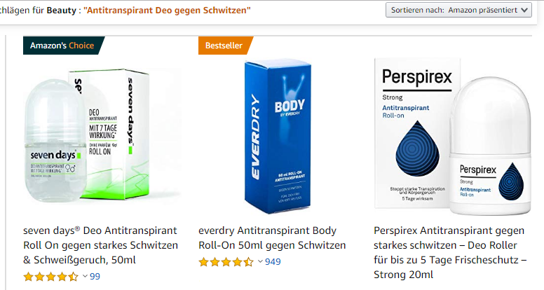 amazon.de Screenshot zu Antitranspirant Deo gegen Schwitzen