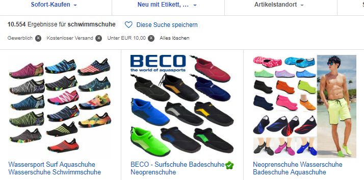 ebay.de-Screenshot zu Schwimmschuhe